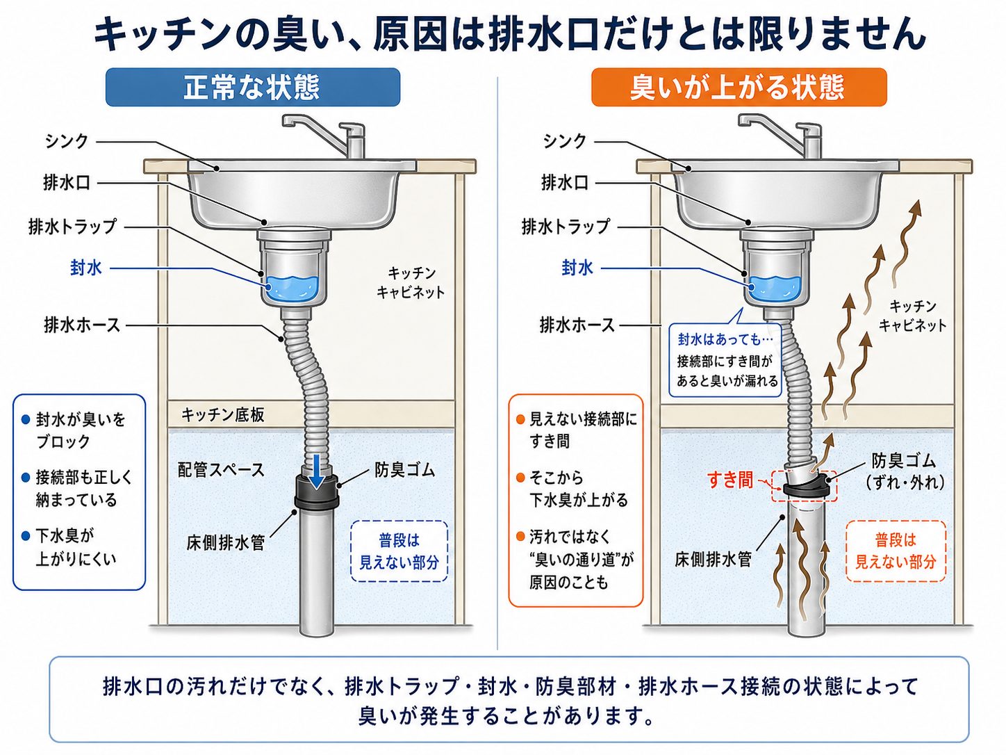 キッチンの排水経路とシンク下の接続部・防臭キャップの構造イメージ