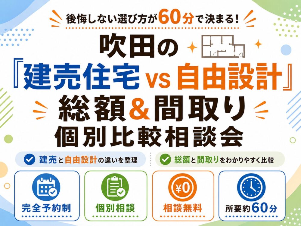 「後悔しない選び方が60分で決まる！吹田の『建売住宅 vs 自由設計』総額＆間取り個別比較相談会」