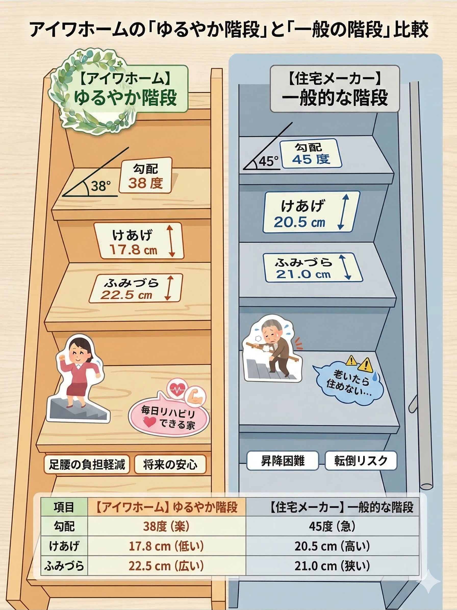 アイワホームのゆるやか階段と一般的な階段の勾配・蹴上げ・踏面比較