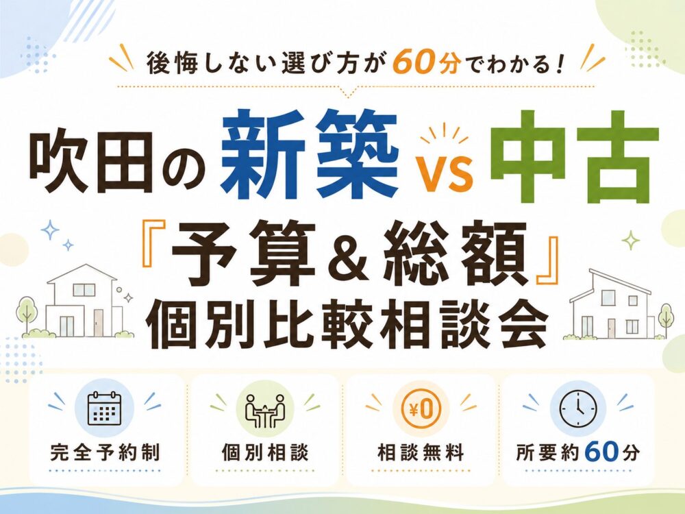 「後悔しない選び方が60分でわかる！吹田の新築vs中古『予算＆総額』個別比較相談会」