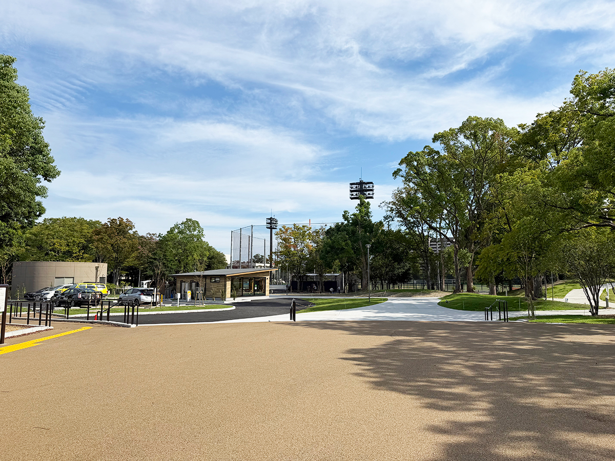 中の島公園の緑豊かな園路と再整備された広場