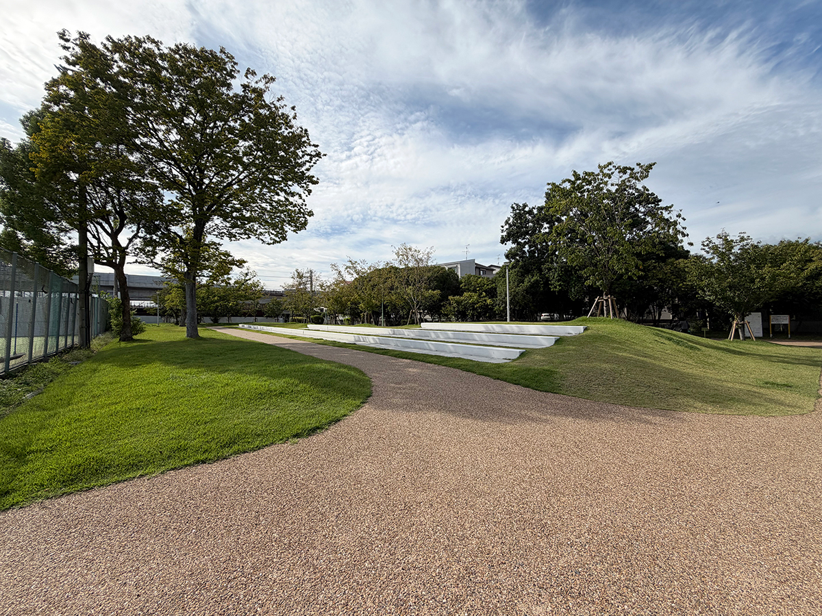 中の島公園の広々とした広場と整備された並木道